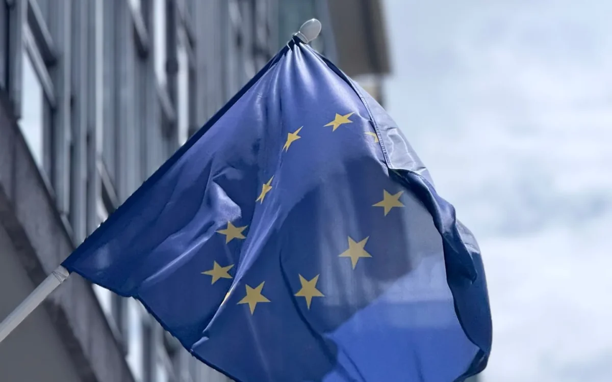 Drapelul Uniunii Europene în fața unei clădiri