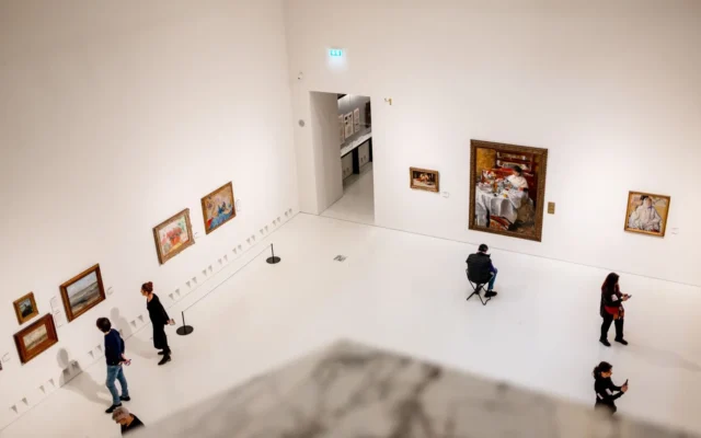 Vizitatori privind tablouri într-o galerie de artă