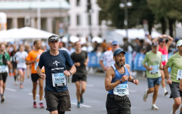 Alergători la un maraton urban, pe o stradă