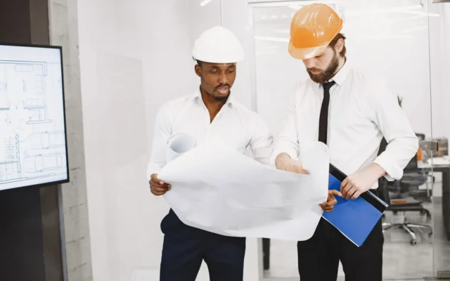 Arhitecți analizează împreună planuri de construcție