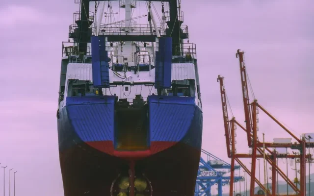 Navă de marfă într-un șantier naval cu macarale